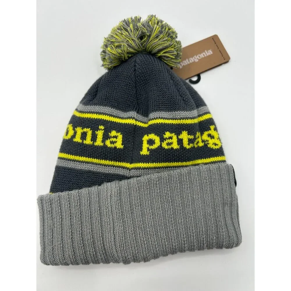 Patagonia Kids Powder Town Beanie Park Stripe Gray Green One Size NWT